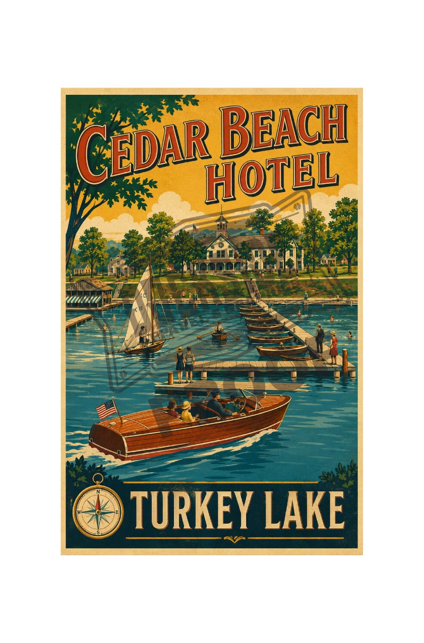 Cedar Beach Hotel Turkey Lake vintage poster featuring wooden boats and sailboats on Lake Wawasee