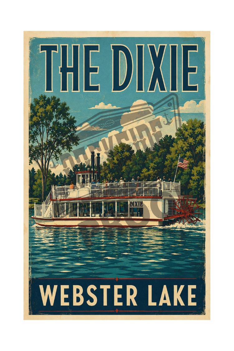 The Dixie paddlewheel steamboat on Webster Lake vintage poster print