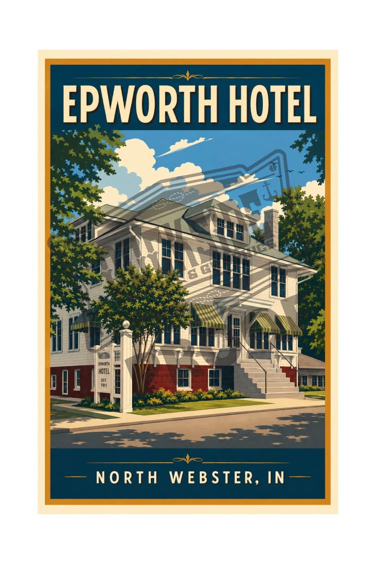 Epworth Hotel North Webster Indiana vintage poster print featuring the historic hotel in summer