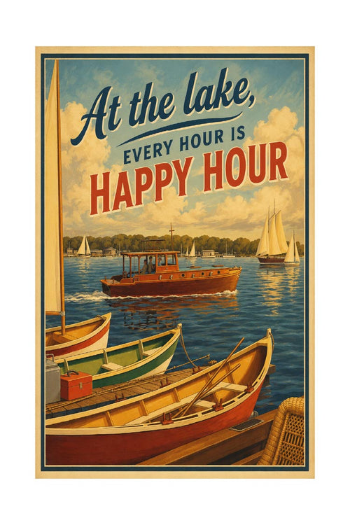 At the Lake Every Hour is Happy Hour vintage poster featuring colorful rowboats and sailboats