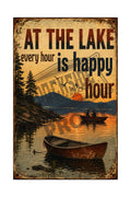 At the Lake Every Hour is Happy Hour rustic sunset poster with rowboats and fishermen silhouette