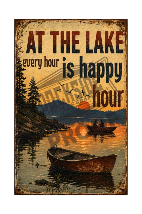 At the Lake Every Hour is Happy Hour rustic sunset poster with rowboats and fishermen silhouette
