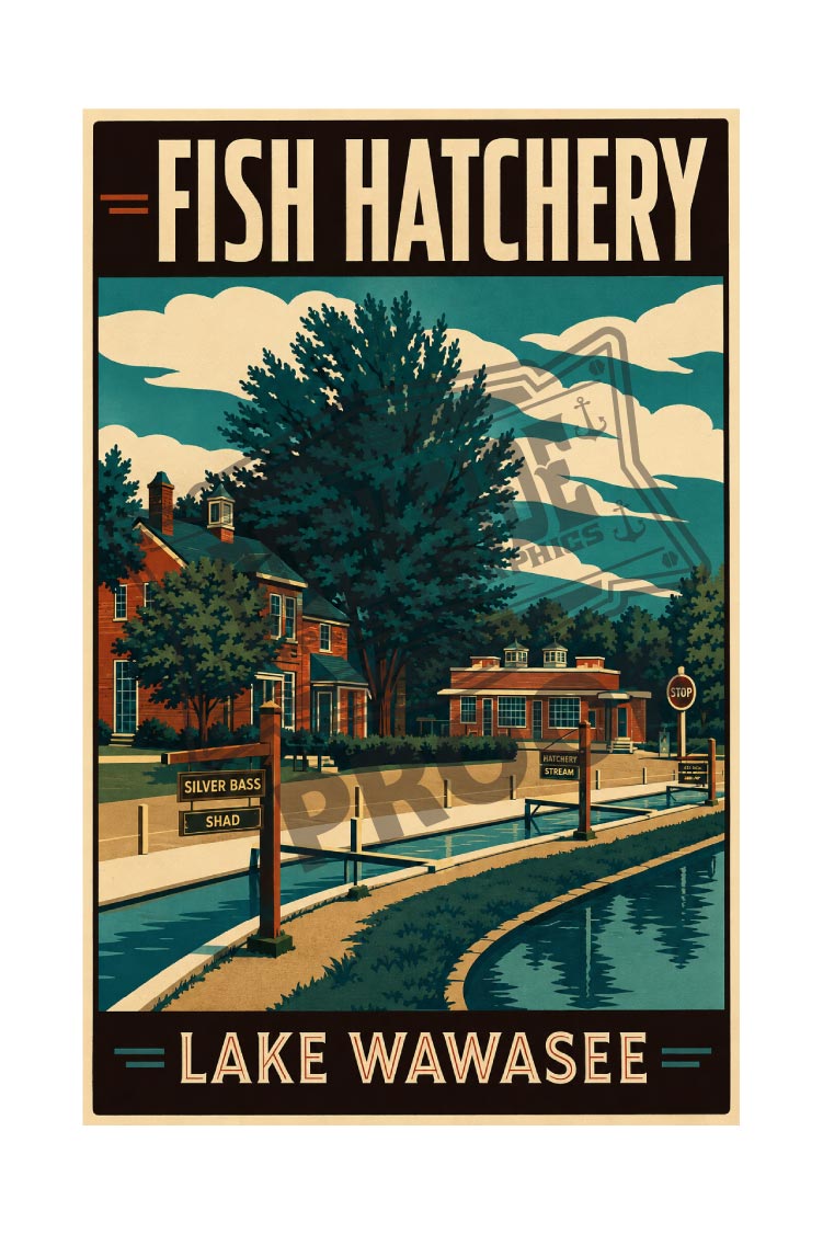 Fish Hatchery Lake Wawasee vintage poster featuring the historic hatchery buildings and stream
