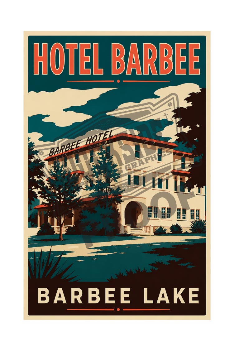 Hotel Barbee Barbee Lake vintage poster featuring the iconic hotel with teal sky and summer trees