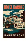 Hotel Barbee Barbee Lake vintage poster featuring the iconic hotel with teal sky and summer trees