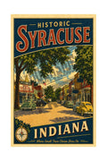 Historic Syracuse Indiana vintage poster featuring the Pickwick Theatre and Wawasee Cafe on a sunny main street
