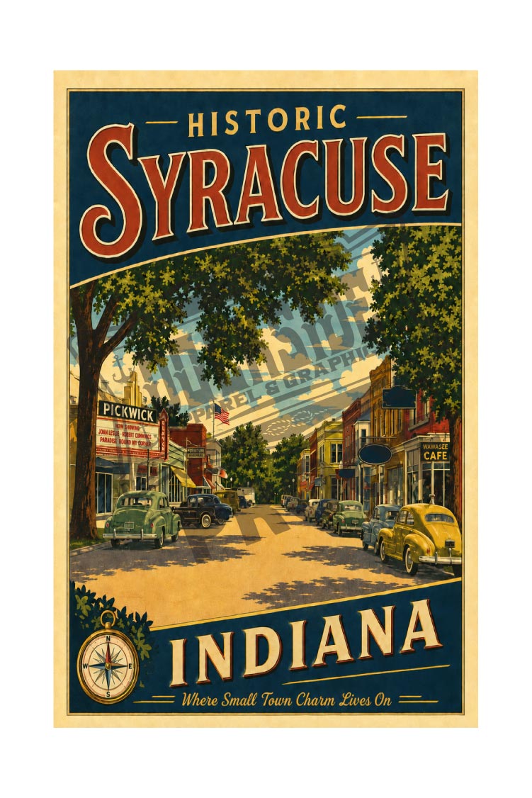Historic Syracuse Indiana vintage poster featuring the Pickwick Theatre and Wawasee Cafe on a sunny main street