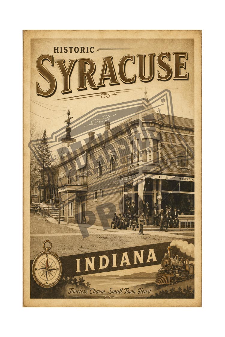 Historic Syracuse Indiana vintage sepia poster featuring the H. & F. Sloan building and steam locomotive
