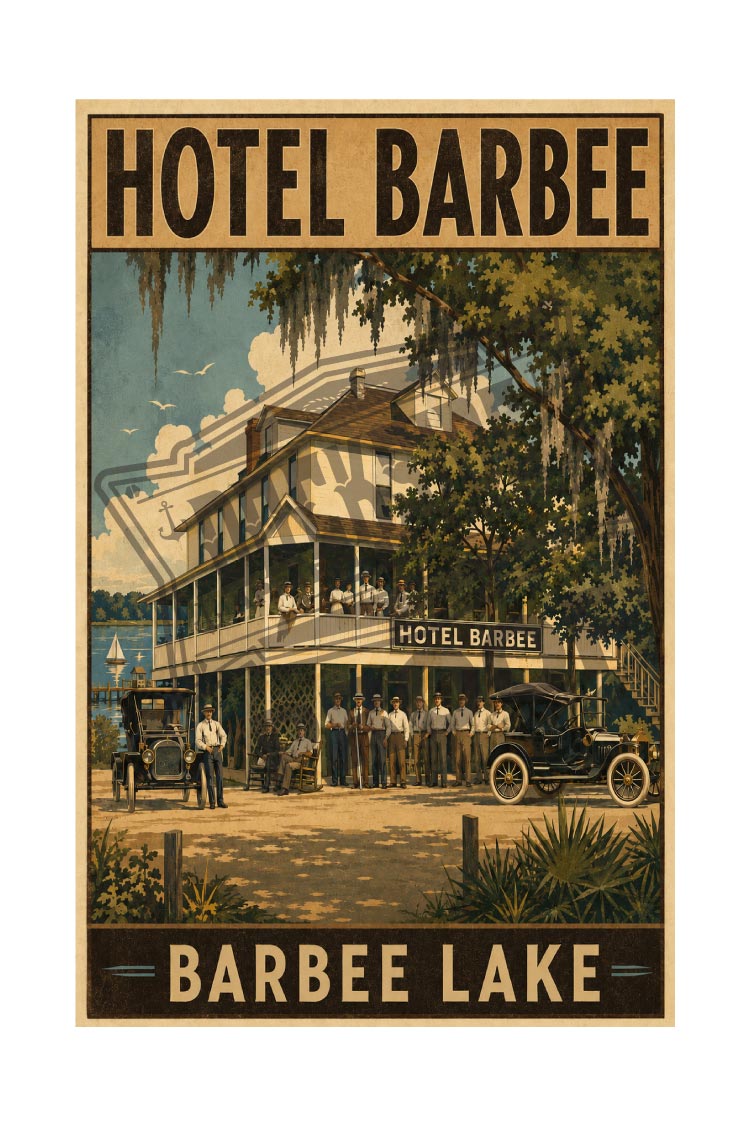 Hotel Barbee Barbee Lake vintage poster featuring classic era automobiles and hotel staff on the lakefront