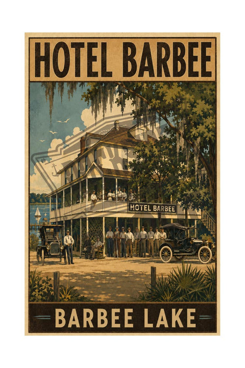 Hotel Barbee Barbee Lake vintage poster featuring classic era automobiles and hotel staff on the lakefront