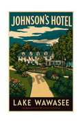 Johnson's Hotel Lake Wawasee vintage poster featuring the grand hotel with flower gardens and winding path