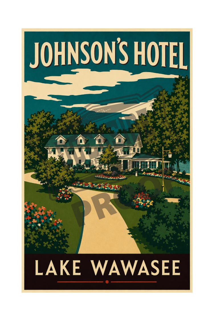Johnson's Hotel Lake Wawasee vintage poster featuring the grand hotel with flower gardens and winding path