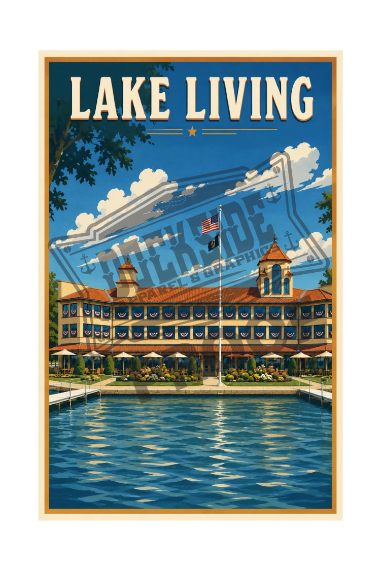 Lake Living vintage poster featuring a grand lakeside resort hotel with patriotic bunting and summer blue skies