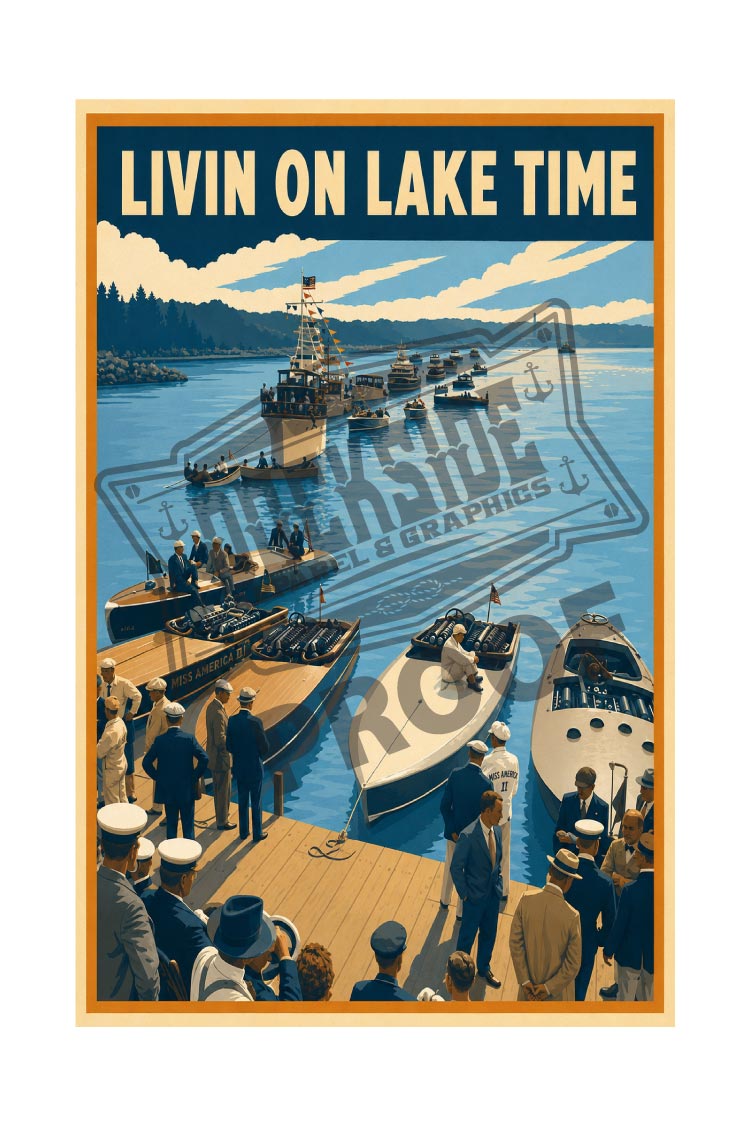 Livin on Lake Time vintage poster featuring classic Miss America racing boats docked with period spectators and a fleet of vessels on the lake