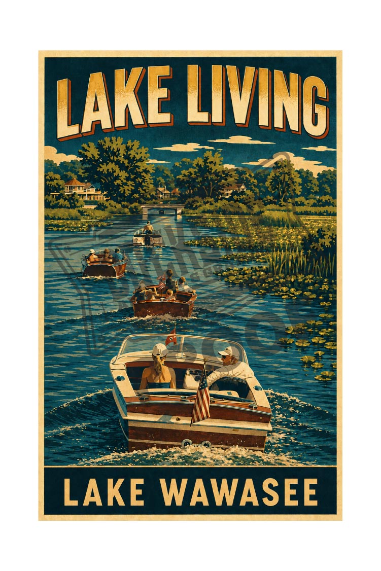 Lake Living – Lake Wawasee Vintage Wooden Boat Parade Wall Art Poster Print