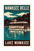 Wawasee Belle Lake Wawasee vintage poster featuring the classic paddlewheel steamboat cruising the teal waters of Lake Wawasee Indiana