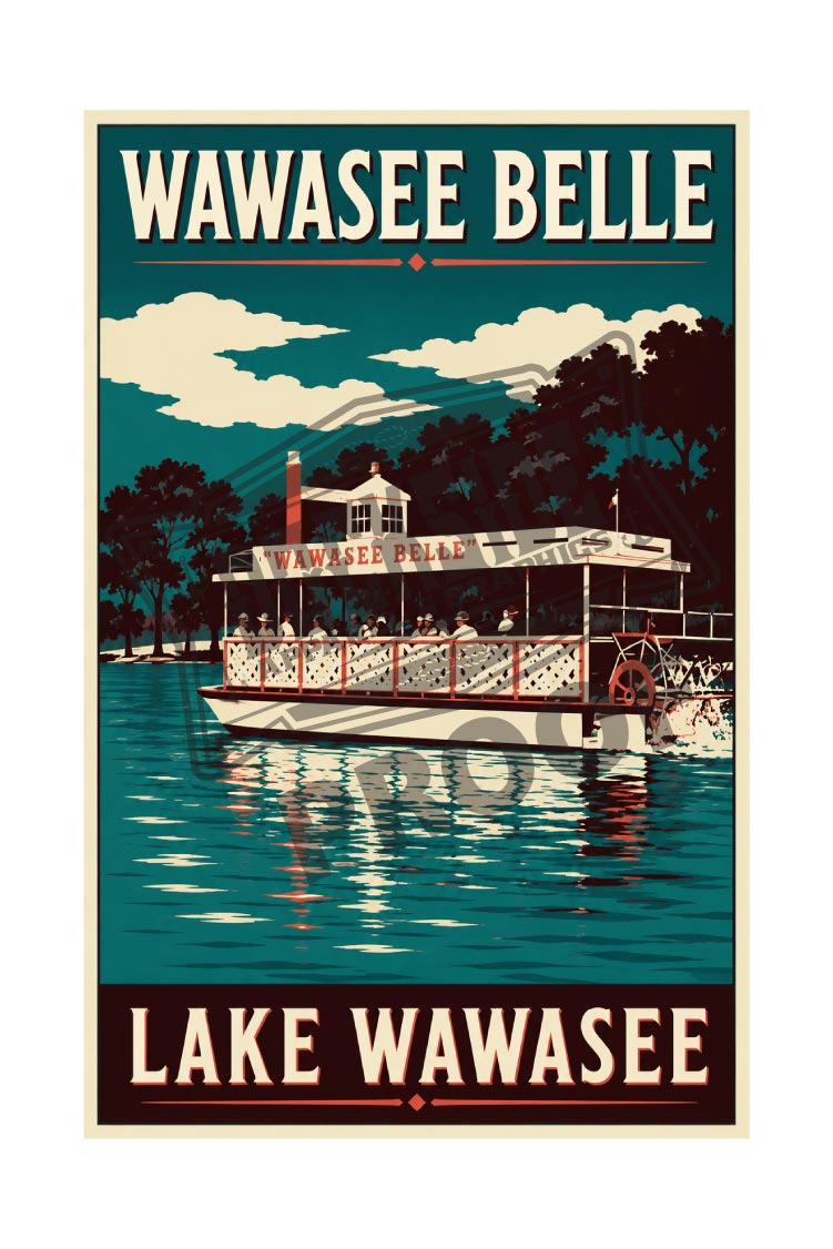 Wawasee Belle Lake Wawasee vintage poster featuring the classic paddlewheel steamboat cruising the teal waters of Lake Wawasee Indiana