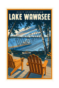 Visit Spectacular Lake Wawasee vintage poster featuring Adirondack chairs and fire pit on a lakefront deck with birch trees and a pontoon boat