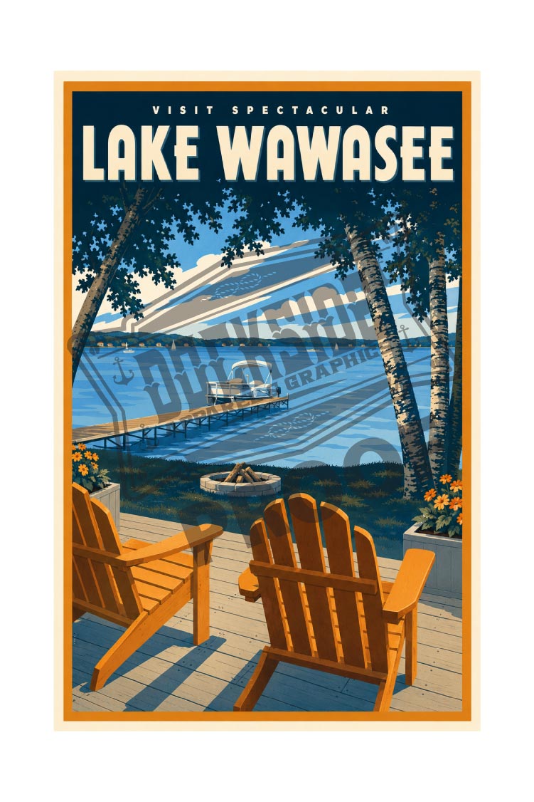 Visit Spectacular Lake Wawasee vintage poster featuring Adirondack chairs and fire pit on a lakefront deck with birch trees and a pontoon boat