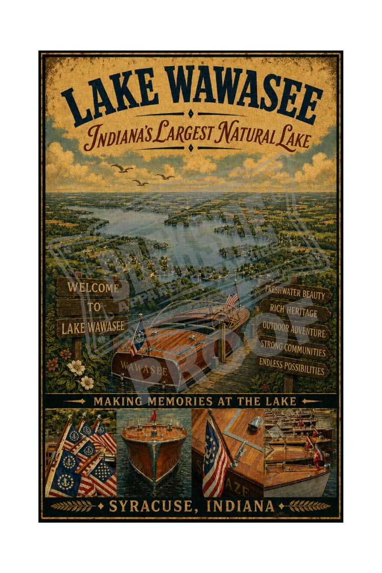 Lake Wawasee Indiana's Largest Natural Lake vintage poster featuring aerial lake view, classic wooden boats, and Making Memories at the Lake banner, Syracuse Indiana