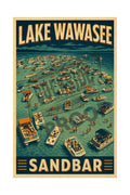 Lake Wawasee Sandbar vintage aerial poster featuring dozens of boats rafted together with swimmers at the legendary Lake Wawasee Sandbar