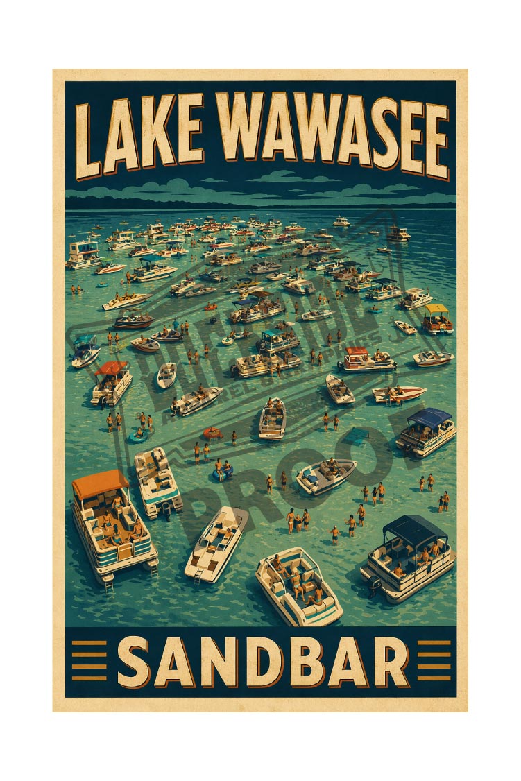 Lake Wawasee Sandbar vintage aerial poster featuring dozens of boats rafted together with swimmers at the legendary Lake Wawasee Sandbar