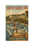 South Shore Inn Lake Wawasee vintage poster featuring two water skiers gliding past the grand lakeside inn pulled by a classic wooden Chris-Craft