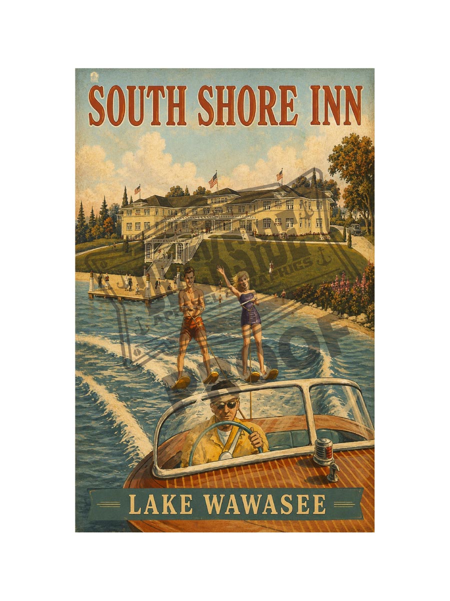 South Shore Inn Lake Wawasee vintage poster featuring two water skiers gliding past the grand lakeside inn pulled by a classic wooden Chris-Craft