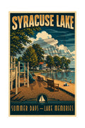 Syracuse Lake Summer Days Lake Memories vintage poster featuring a sunny lakeside park with playground, bench, beach, and swimmers on a beautiful Indiana summer day