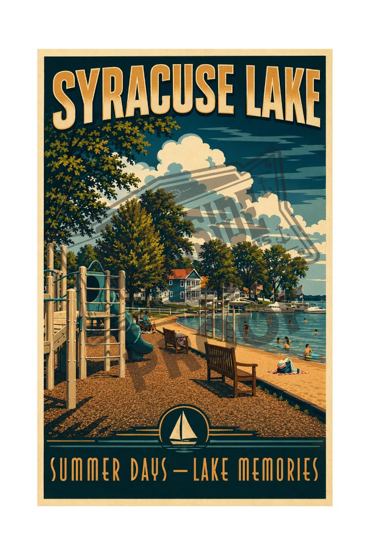 Syracuse Lake Summer Days Lake Memories vintage poster featuring a sunny lakeside park with playground, bench, beach, and swimmers on a beautiful Indiana summer day