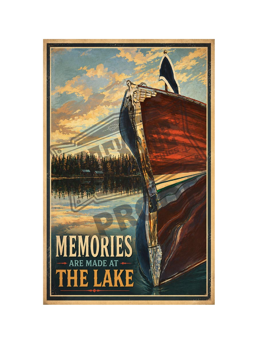Memories Are Made at the Lake vintage poster featuring the glowing mahogany bow of a classic wooden boat reflected in golden sunset lake water with pine trees and cabin on shore