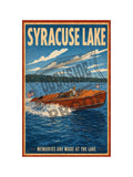 Syracuse Lake Memories Are Made at the Lake vintage poster featuring a classic mahogany Chris-Craft runabout with American flag on brilliant blue lake water with wooded Indiana shoreline