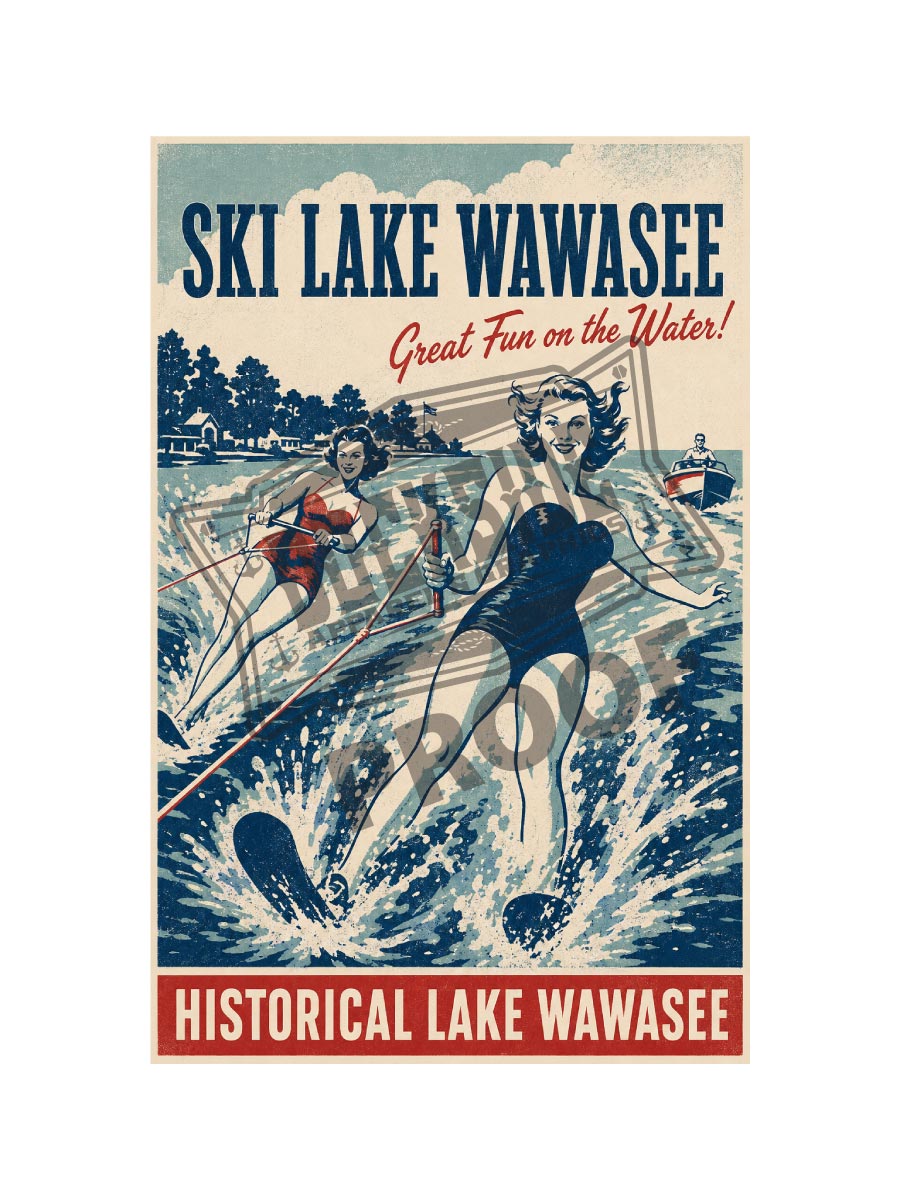 Ski Lake Wawasee Great Fun on the Water vintage poster featuring two glamorous 1950s water skiers behind a classic motorboat on Historical Lake Wawasee