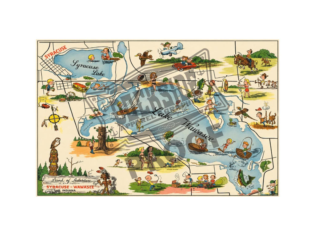 Syracuse Wawasee Land of Adventure vintage illustrated cartoon map featuring Lake Wawasee and Syracuse Lake with charming scenes of kids swimming, fishing, water skiing, and summer adventures