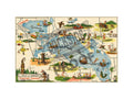 Syracuse Wawasee Land of Adventure vintage illustrated cartoon map featuring Lake Wawasee and Syracuse Lake with charming scenes of kids swimming, fishing, water skiing, and summer adventures
