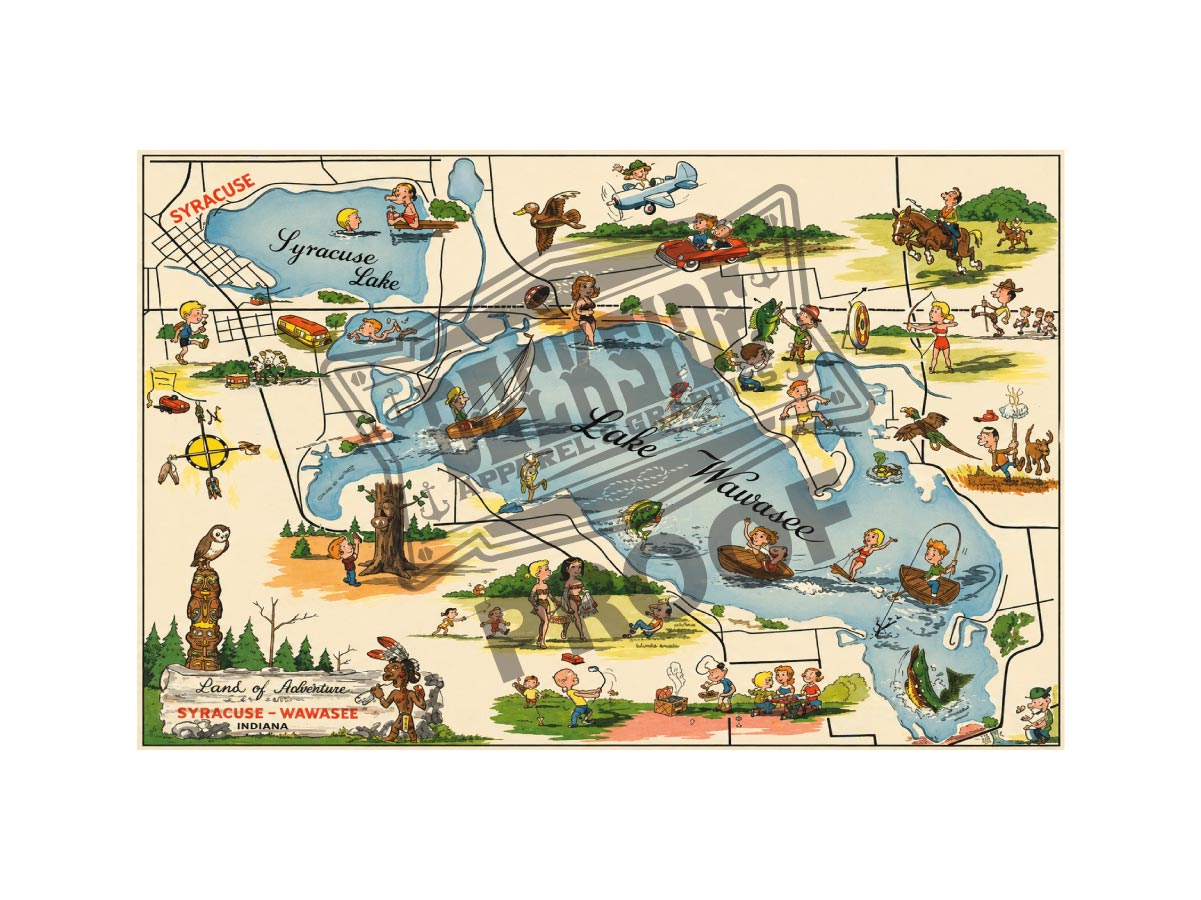 Syracuse Wawasee Land of Adventure vintage illustrated cartoon map featuring Lake Wawasee and Syracuse Lake with charming scenes of kids swimming, fishing, water skiing, and summer adventures