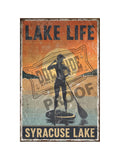 Lake Life Syracuse Lake vintage distressed metal sign style poster featuring a paddleboarder silhouette against an orange and teal sunset sky