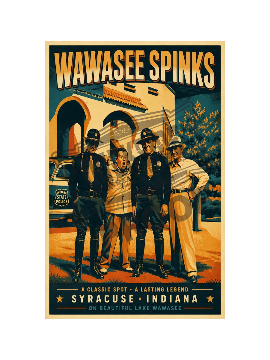 Wawasee Spinks A Classic Spot A Lasting Legend vintage poster featuring three guys with Indiana State Police outside the iconic arched Spinks entrance on Lake Wawasee