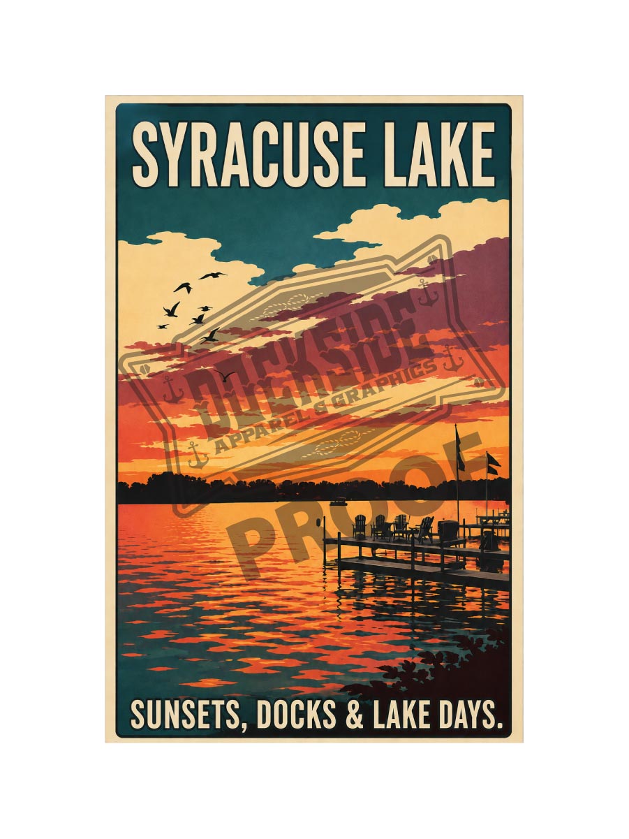 Syracuse Lake Sunsets Docks and Lake Days vintage poster featuring Adirondack chairs on a wooden dock under a spectacular fiery orange and teal sunset with geese flying over the lake