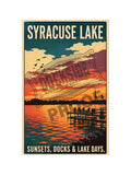 Syracuse Lake Sunsets Docks and Lake Days vintage poster featuring Adirondack chairs on a wooden dock under a spectacular fiery orange and teal sunset with geese flying over the lake