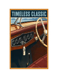 Timeless Classic vintage poster featuring the cockpit interior of a classic mahogany wooden runabout with chrome gauges, cream steering wheel, red leather seats and open lake ahead