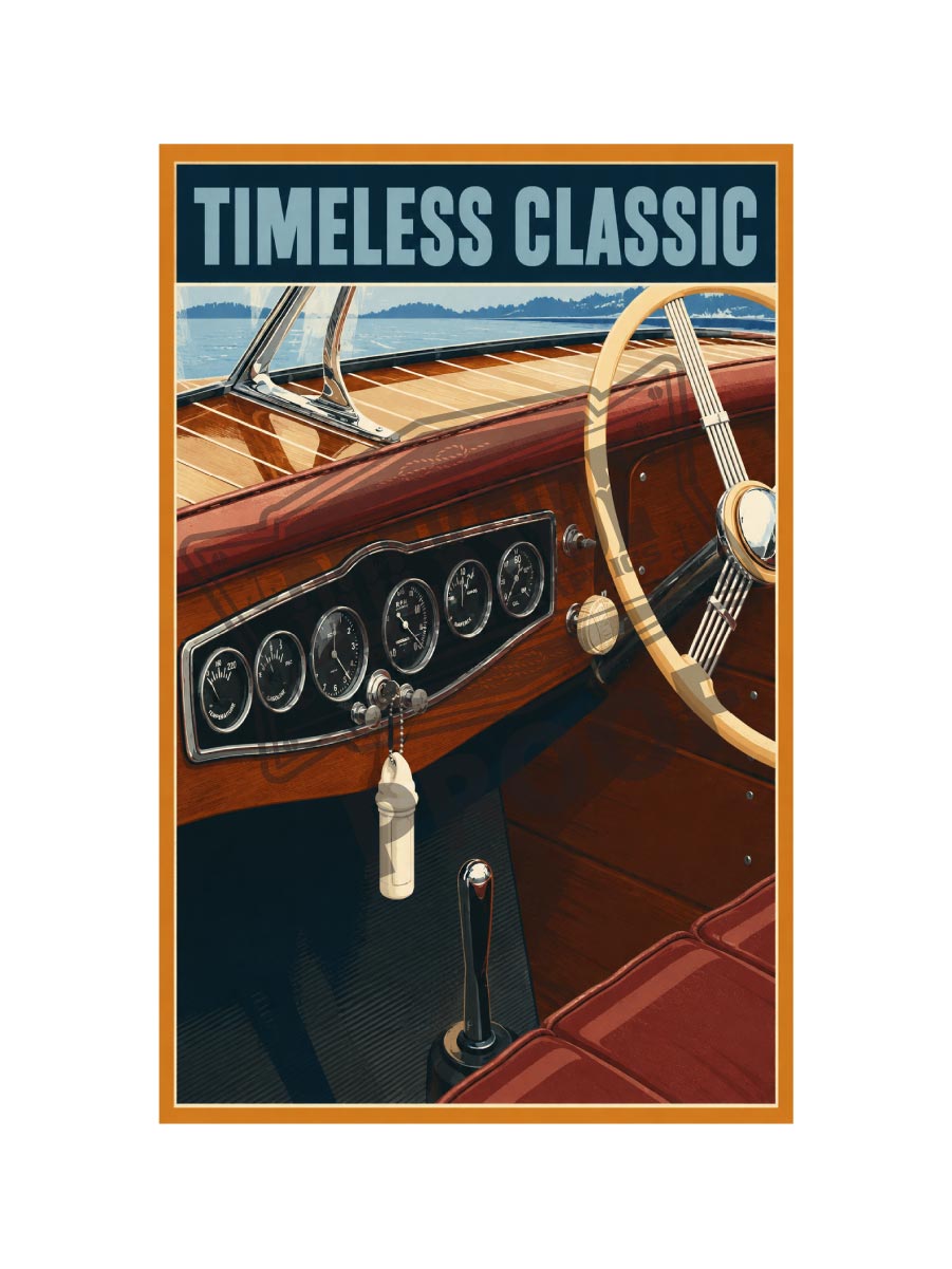 Timeless Classic vintage poster featuring the cockpit interior of a classic mahogany wooden runabout with chrome gauges, cream steering wheel, red leather seats and open lake ahead