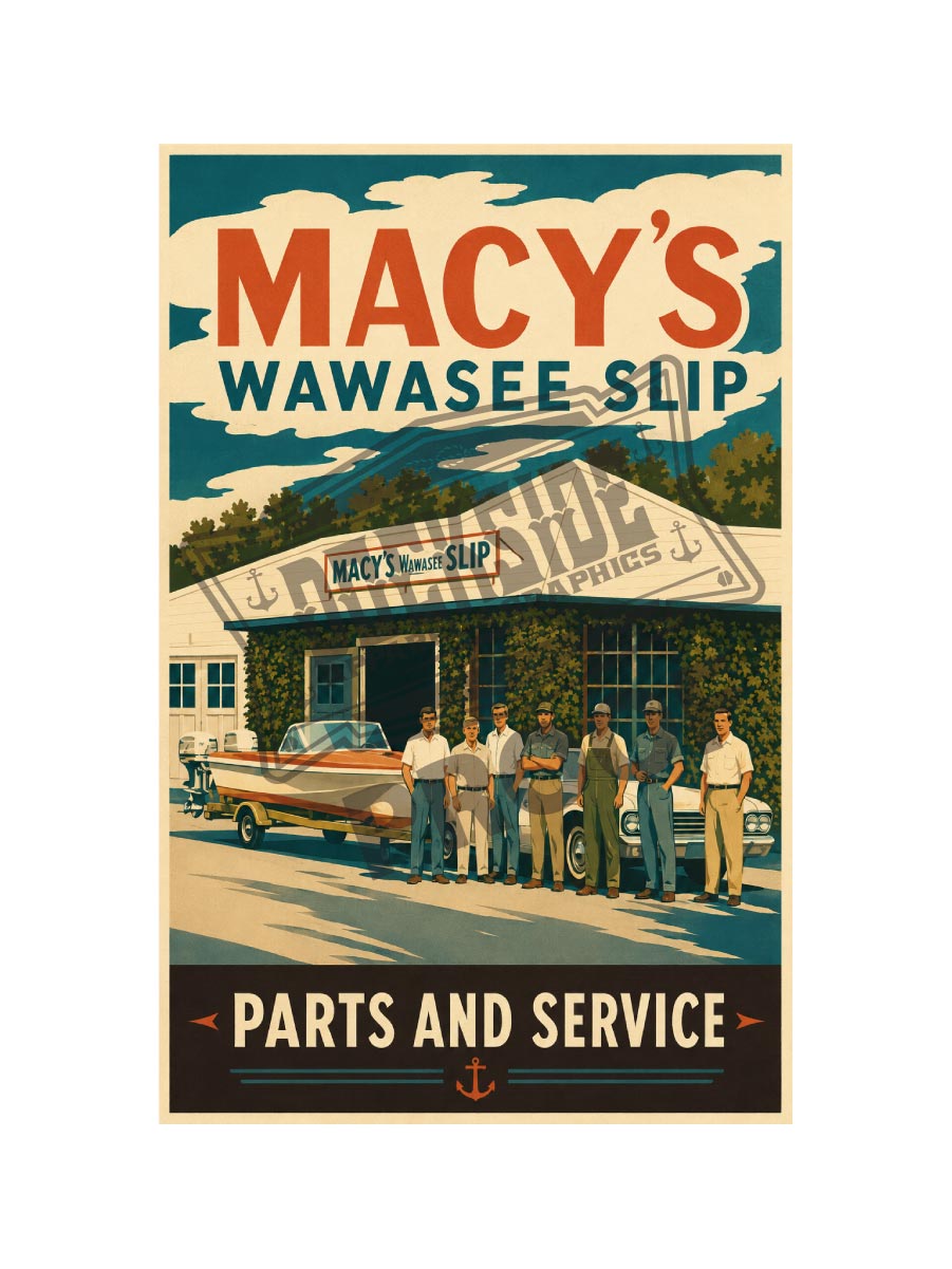 Macy's Wawasee Slip Parts and Service vintage poster featuring six crew members standing in front of an ivy-covered boat shop with a classic wooden boat on trailer under a dramatic Indiana sky