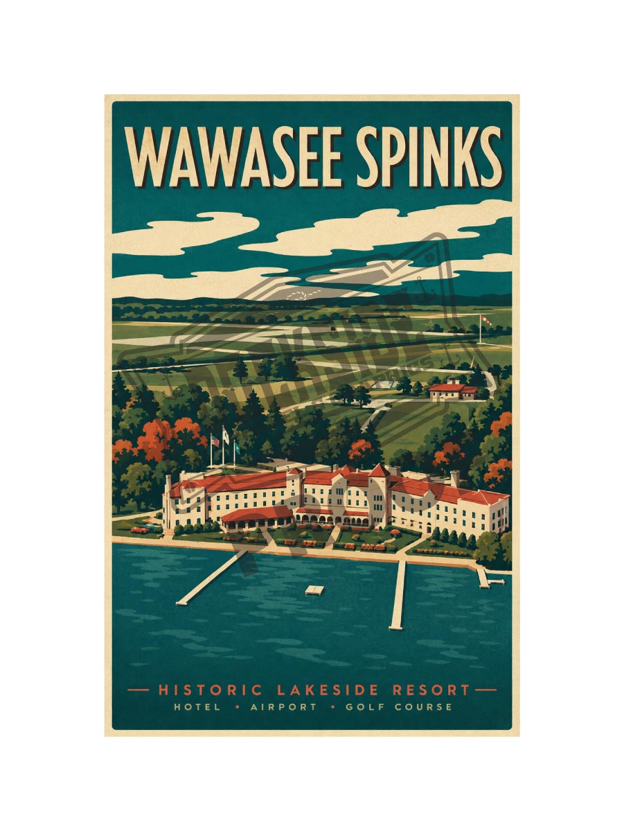 Wawasee Spinks Historic Lakeside Resort vintage aerial view poster featuring the grand hotel complex on Lake Wawasee with golf course and airstrip under a dramatic teal sky