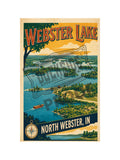Webster Lake North Webster Indiana vintage aerial view travel poster featuring winding lake channels, wooded peninsulas, a classic mahogany runabout, and brass compass rose under a golden summer sky