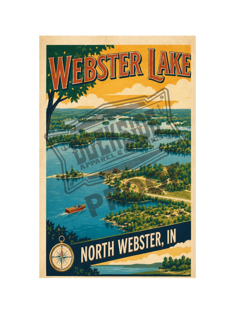 Webster Lake North Webster Indiana vintage aerial view travel poster featuring winding lake channels, wooded peninsulas, a classic mahogany runabout, and brass compass rose under a golden summer sky