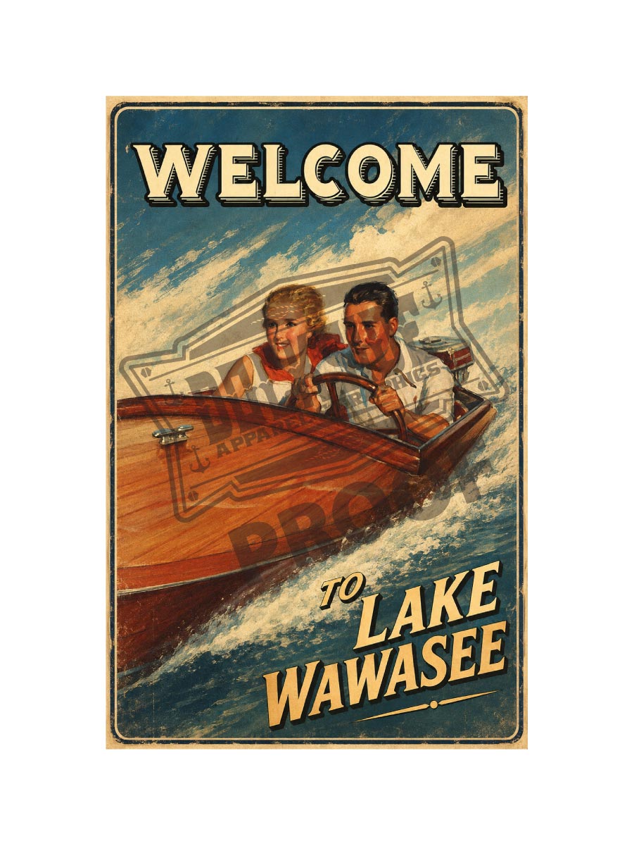 Welcome to Lake Wawasee vintage 1930s poster featuring a dashing couple speeding across Lake Wawasee in a gleaming mahogany runabout with bold vintage typography