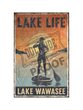 Lake Life Lake Wawasee vintage distressed metal sign style poster featuring a paddleboarder silhouette against an orange and teal sunset sky