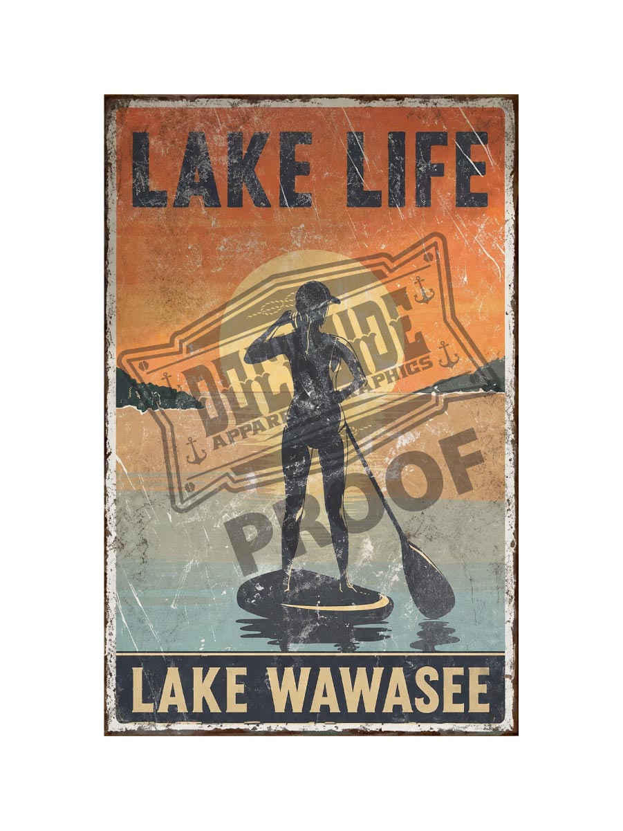 Lake Life Lake Wawasee vintage distressed metal sign style poster featuring a paddleboarder silhouette against an orange and teal sunset sky