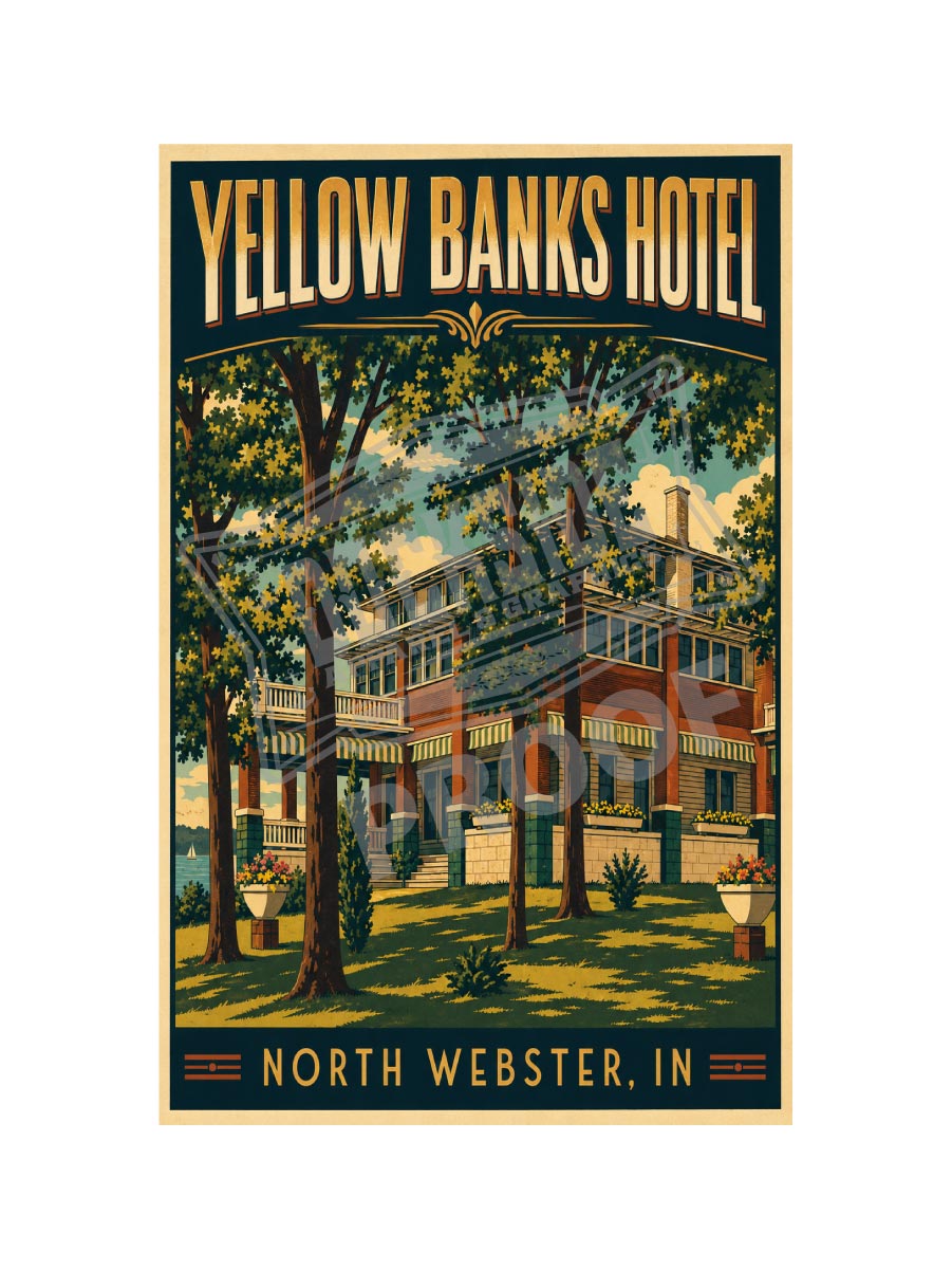 Yellow Banks Hotel North Webster Indiana vintage poster featuring the grand brick lakeside hotel framed by towering trees with striped awnings and flower boxes and a sailboat glimpsed on the lake behind